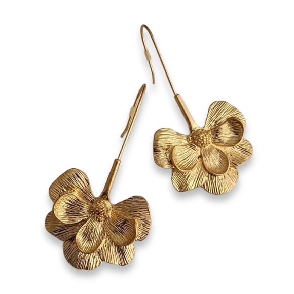 None Jewelry - Gold Tone 3D Flower Hanging Earrings Drop Hook Floral Minimalist